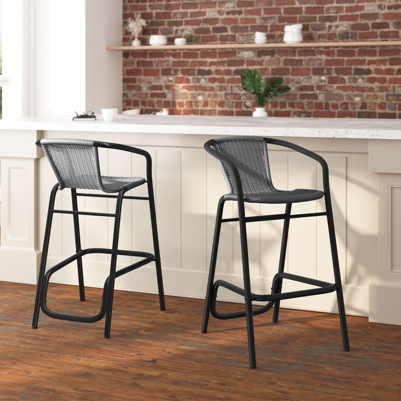 Merrick Lane Lille Set of Two Restaurant Style Barstool with PE Rattan Seat for Indoor/Outdoor Use